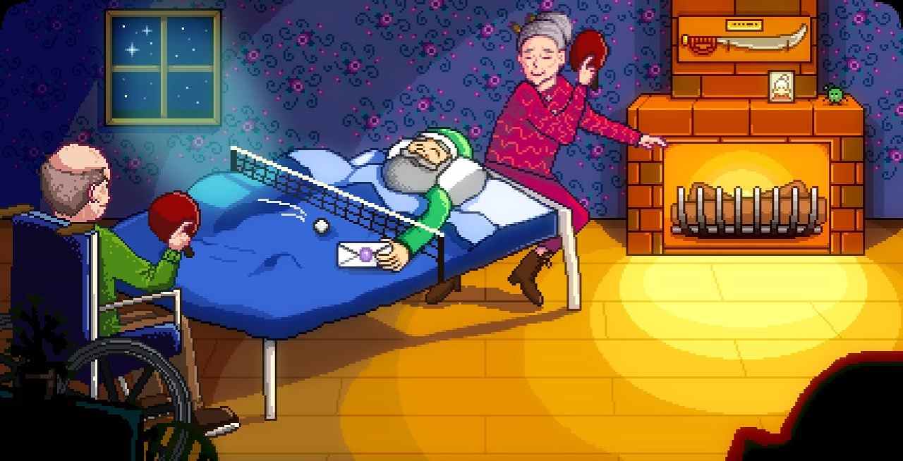 Mod Stardew Valley - Evelyn et Charlie jouent au ping-pong sur le lit de mort de grand-père.