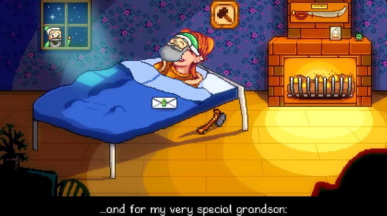 Mod Stardew Valley - Robin allongé dans un lit portant un masque de grand-père.