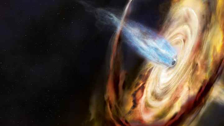 Un trou noir tire de la matière d'une étoile voisine et dans un disque d'accrétion dans cette illustration d'un trou noir nommé MAXI J1820+070.  Au-dessus du disque se trouve une région de particules subatomiques super chaudes appelée la couronne.