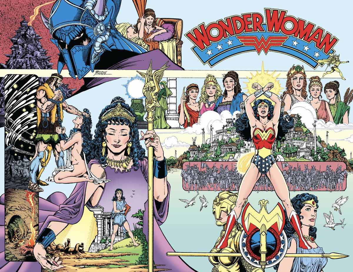 La couverture enveloppante de Wonder Woman # 1 (1987) de George Pérez, mettant en vedette des guerriers amazones, des déesses grecques, Ares, Hercule soumettant Hippolyta, Hippolyta régnant sur Themyscira, le puits des âmes et Wonder Woman, debout avec ses brassards croisés triomphalement. 
