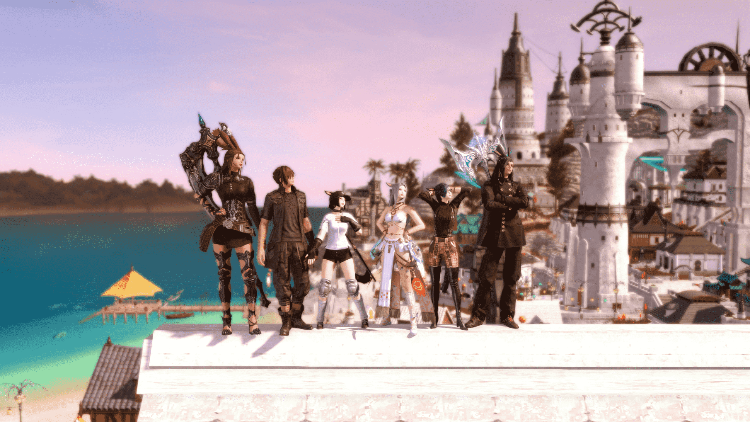 Un groupe de personnages de Final Fantasy 14 se tient sur le toit d'une maison.