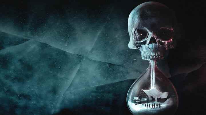 Un sablier en forme de crâne avec le casting de Until Dawn dans les neiges de Blackwood Mountain.