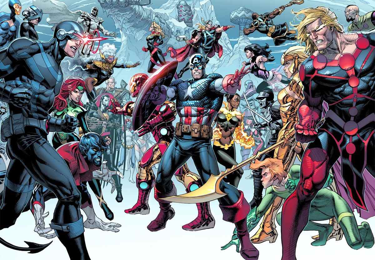 Les X-Men, les Avengers et les Eternals s'affrontent devant le QG des Avengers, un céleste mort gelé dans l'art promotionnel d'AXE: Judgment Day. 
