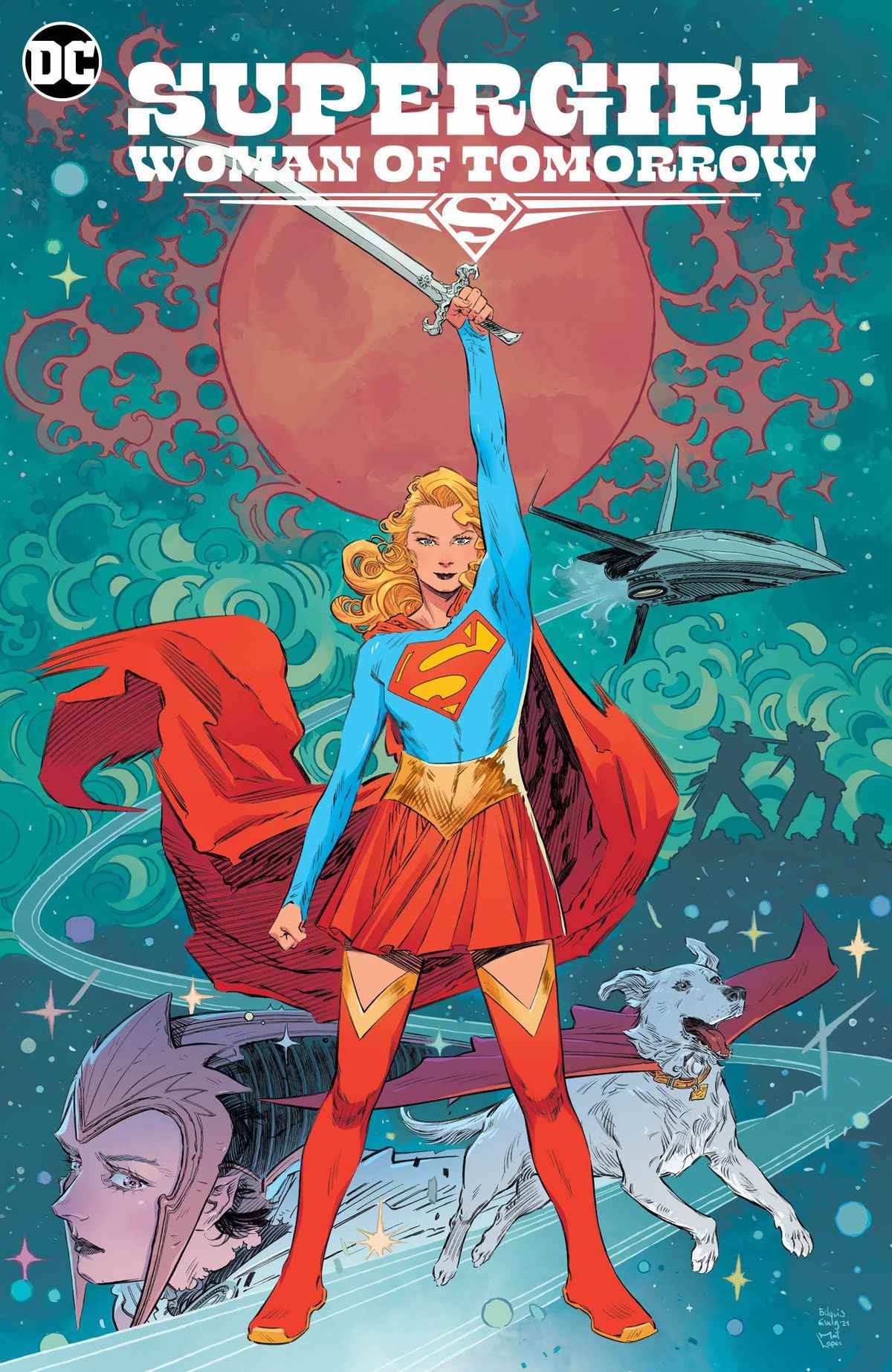 Supergirl se tient avec l'épée levée sur un fond d'images spatiales sur la couverture de Supergirl : Woman of Tomorrow. 