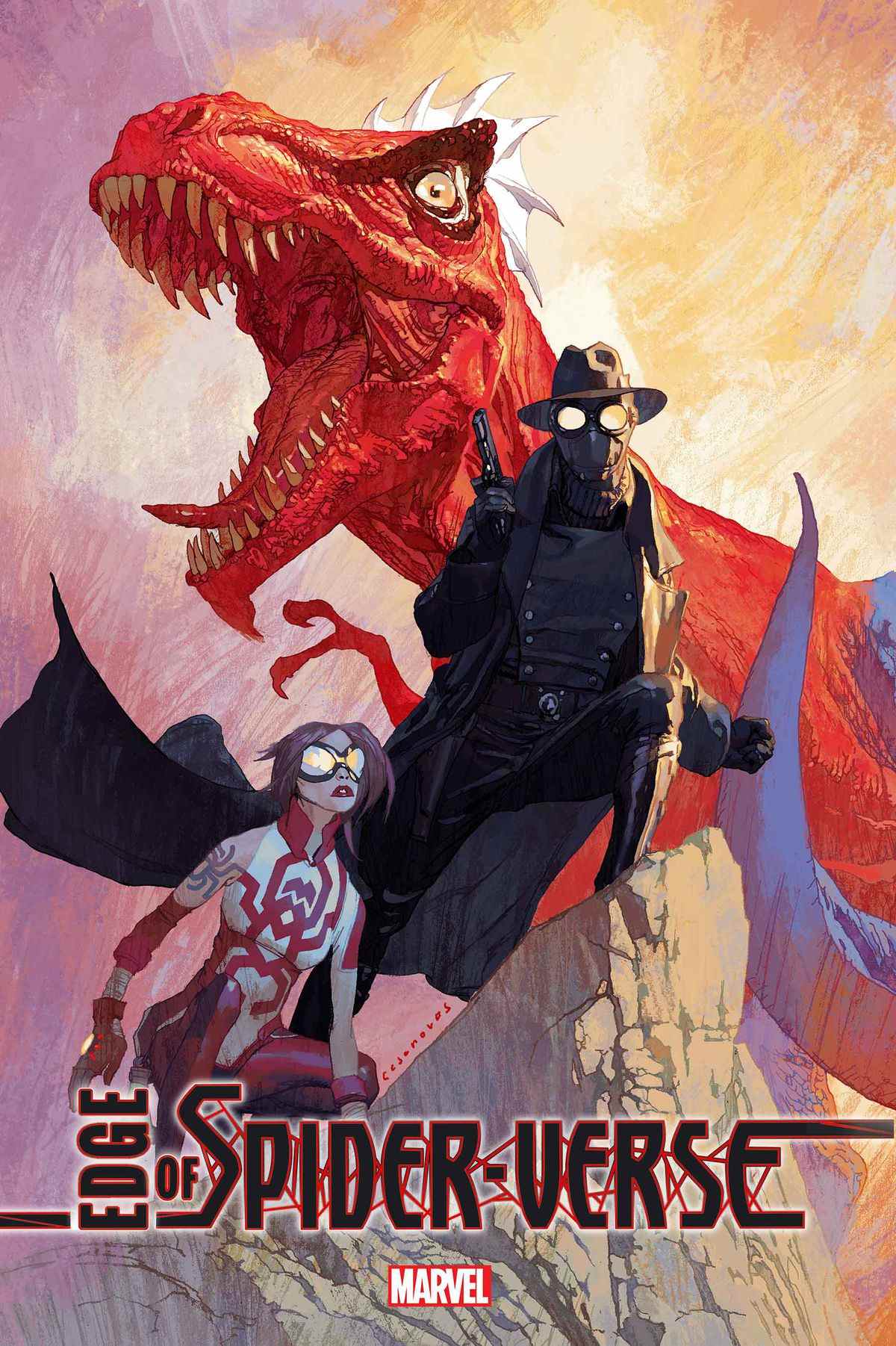 Araña, Spider-Man Noir et Spider-Rex (un T. Rex aux couleurs de Spider-Man) sur la couverture de Edge of Spider-Verse #1 (2022).
