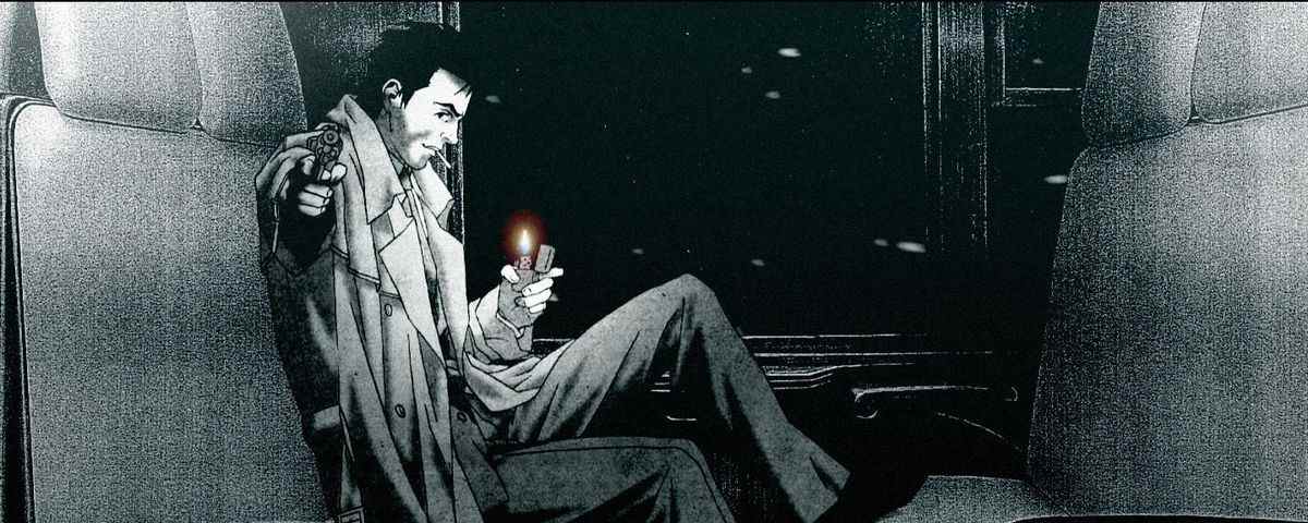 Une capture d'écran d'Ash assis dans un wagon pointant son pistolet tout en allumant une cigarette dans le court métrage 