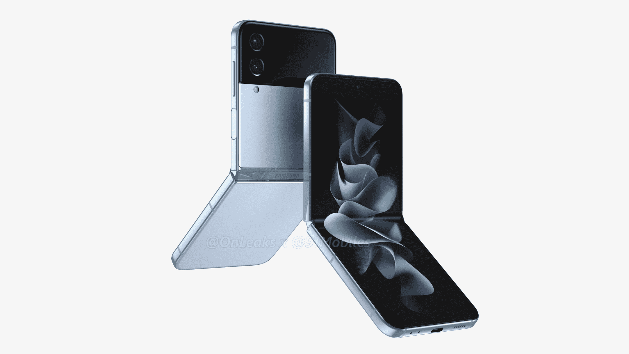 Un rendu non officiel du Samsung Galaxy Z Flip 4, montrant deux Z Flips dos à dos et partiellement ouverts