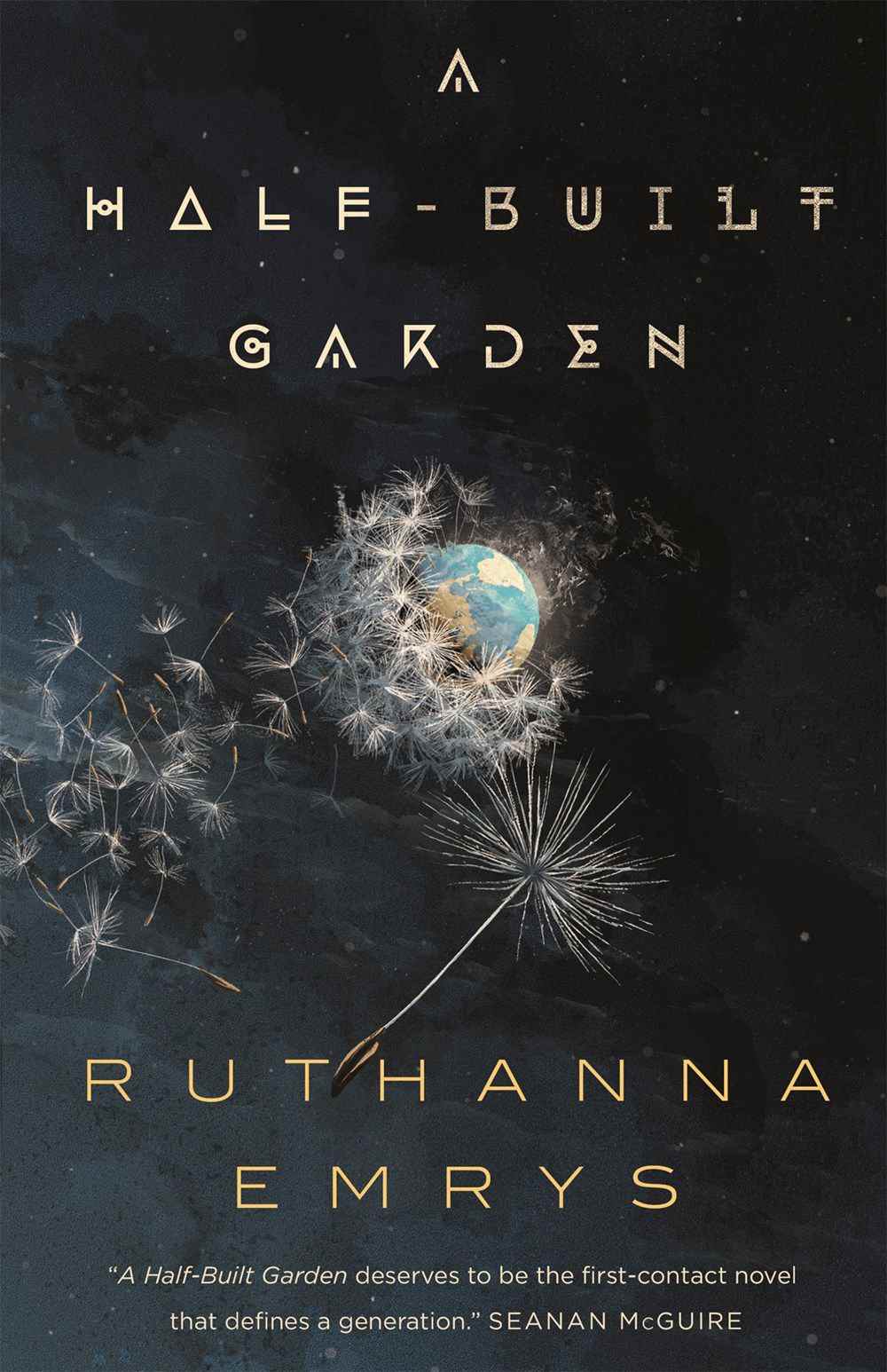 Image de couverture pour A Half-Built Garden, qui présente la Terre à distance entourée de graines de pissenlit.