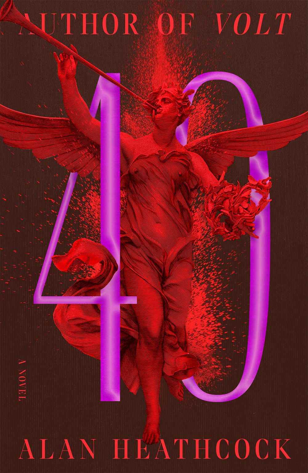 Image de couverture de 40 par Alan Heathcock, une image lumineuse avec une figure en forme d'ange rouge à l'intérieur des chiffres 4 et 0.