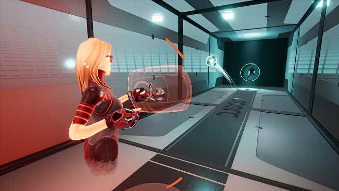 Une femme en combinaison VR orange se prépare à dévier une balle dans Sparc