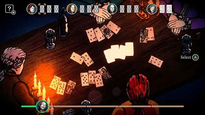 Une vue de haut en bas d'une table dans Card Shark où le joueur doit choisir dans quel ordre ramasser les cartes défaussées, pour donner à son complice une main favorable pour les redistribuer