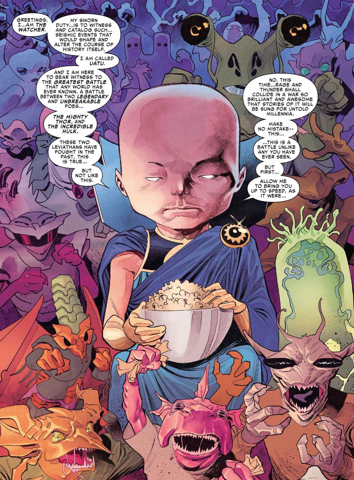 The Watcher, une silhouette en robe avec une énorme tête chauve, est assis dans une foule d'extraterrestres déchaînés, mangeant un bol de pop-corn dans Hulk vs Thor: Banner of War # 1 (2022). 