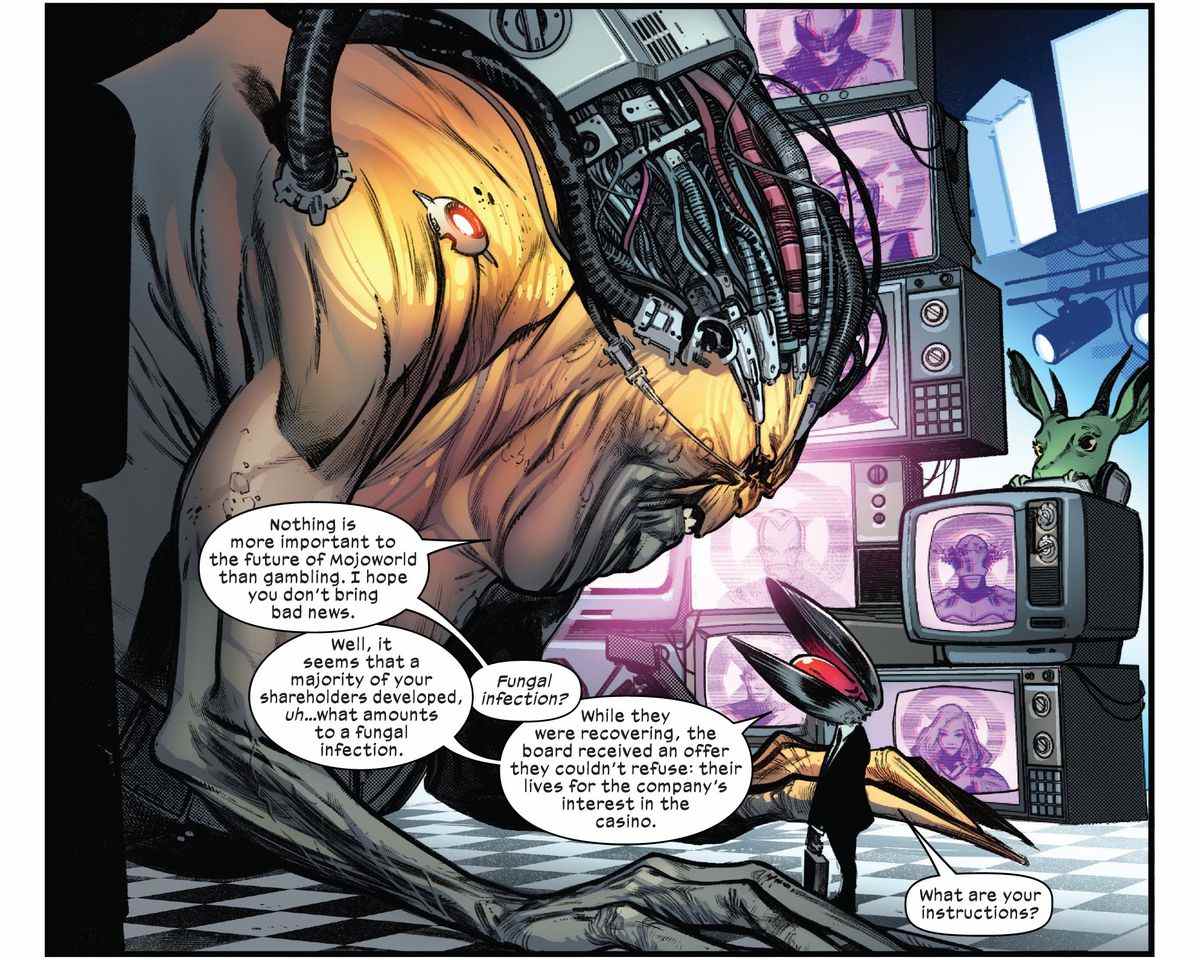 Mojo, un horrible homme jaune avec un corps bulbeux, des membres grêles et des fils et des cordes pour les cheveux, se penche pour parler à son avocat, un homme extrêmement petit en costume qui a une huître pour tête dans X-Men # 11 (2022 ).