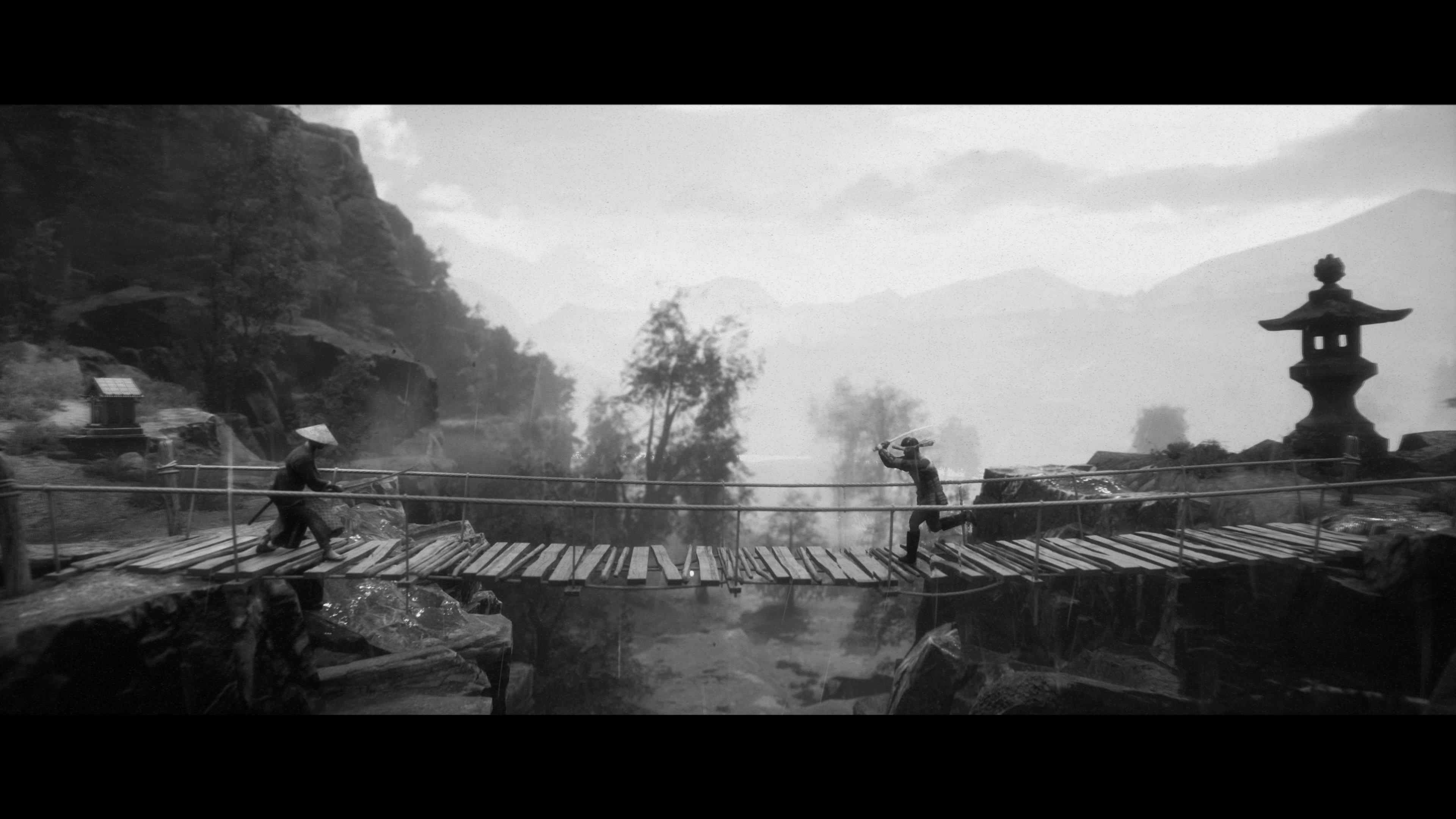 Captures d'écran du défilement latéral des samouraïs en noir et blanc, Trek to Yomi