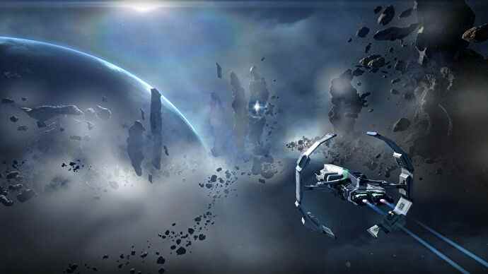 Un vaisseau spatial circulaire vole à travers une galaxie bleue dans Eve Online