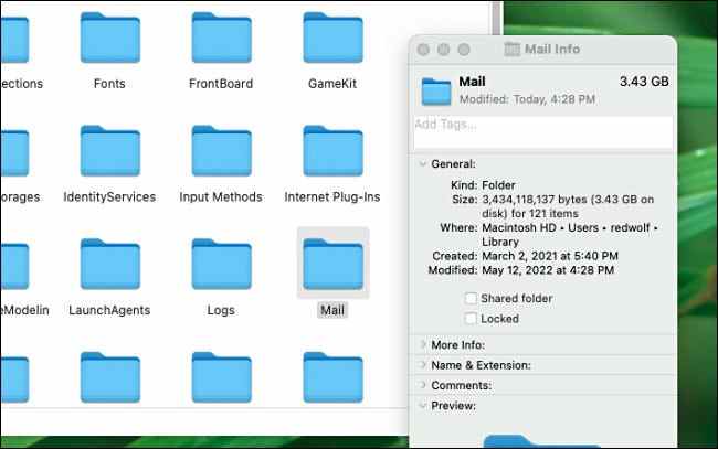 Vérification de la taille de la bibliothèque de messagerie de votre Mac dans le Finder.