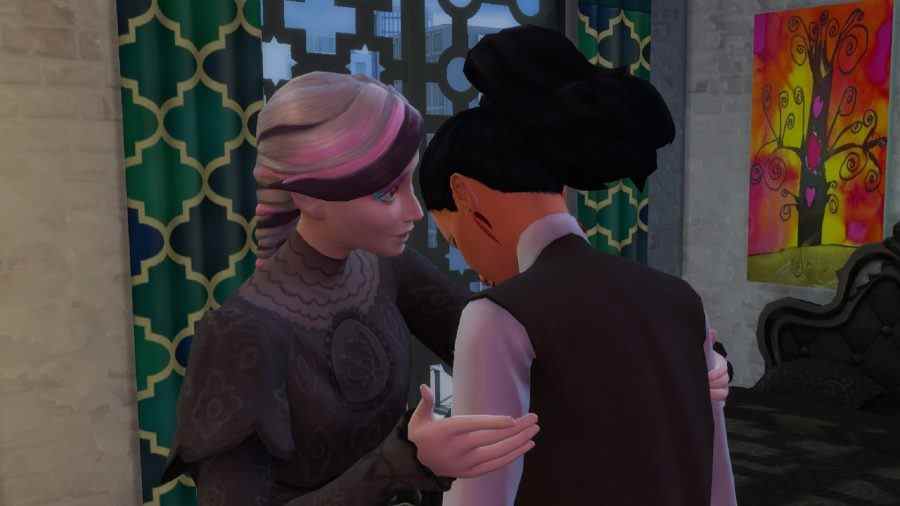 Un sim essaie d'en consoler un autre, du mod Emotional Inertia des Sims 4