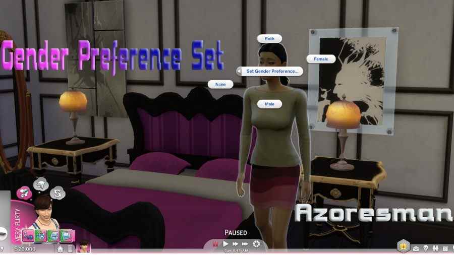 Une simulation avec un menu d'interaction montrant les options de genre, du mod Sims 4 Préférence de genre