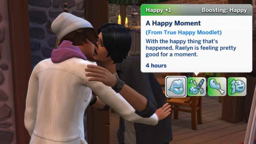Deux sims s'embrassent, créant un moment heureux, du mod Les Sims 4 Histoires significatives