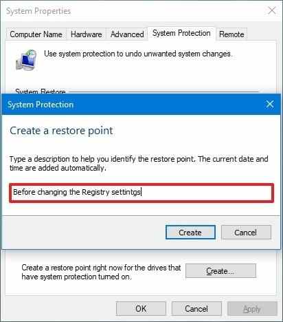 Windows 10 crée des paramètres de point de restauration