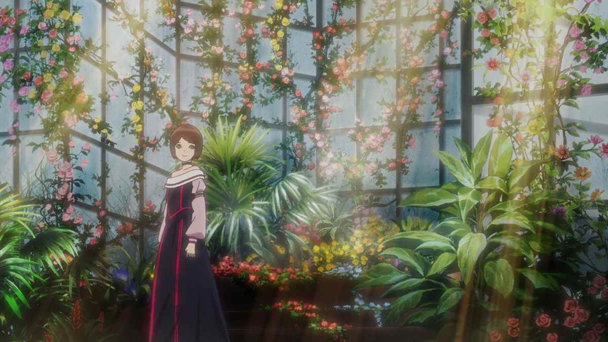 Momo souriant debout dans une serre remplie de fleurs colorées dans Vampire in the Garden.