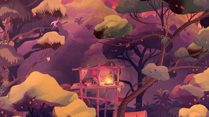 Un gibbon rose se balance dans une scène de jungle dans Gibbon: Beyond The Trees