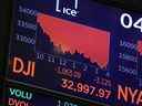Le Dow Jones Industrial Average est affiché sur un écran après la clôture de la journée de négociation à la Bourse de New York.
