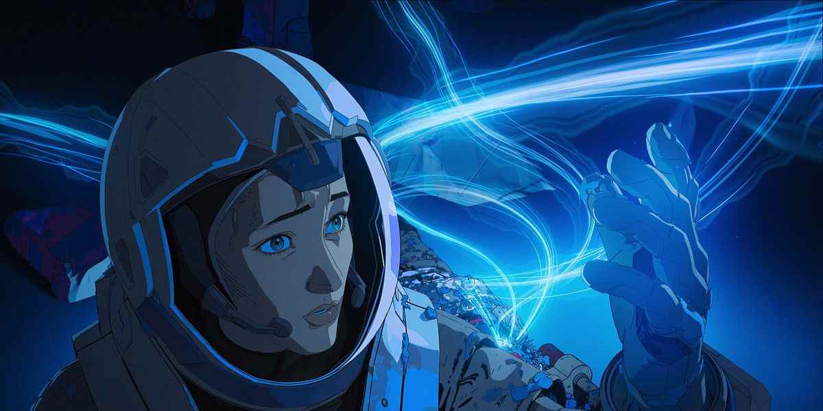 une astronaute regarde avec admiration une énergie électromagnétique bleue tourbillonnante autour d'elle