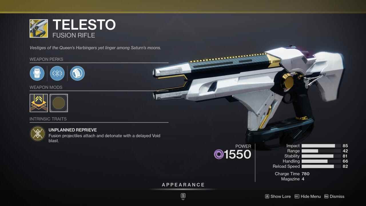 Cela pourrait casser le jeu en permanence, mais Telesto est toujours un excellent fusil à fusion dont vous pouvez tirer parti, en particulier dans le creuset.