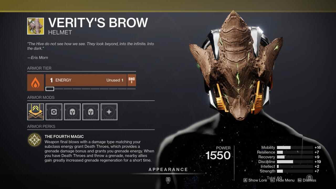 Verity's Brow vous permet de mettre en synergie vos armes et vos grenades pour augmenter les dégâts des grenades et récupérer rapidement l'énergie de votre grenade.