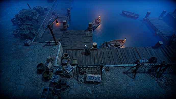 Le joueur de V Rising explore un chantier naval la nuit.