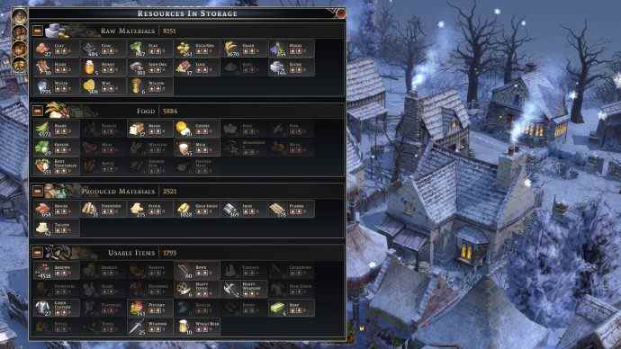 Un menu de ressources rempli de détails sur les ressources que le joueur a en stock.