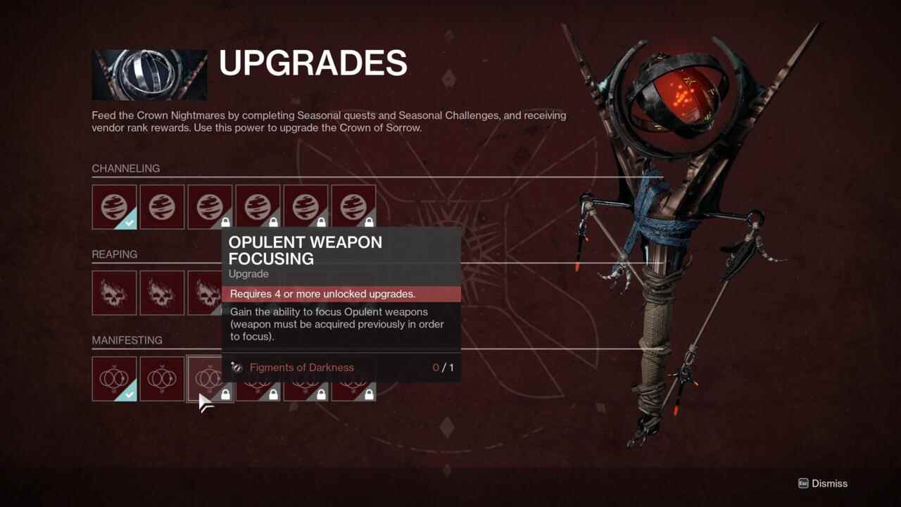 La mise à niveau Opulent Weapon Focusing vous permettra de saisir les armes que vous voulez, mais vous devrez d'abord gagner plusieurs autres mises à niveau pour l'obtenir.