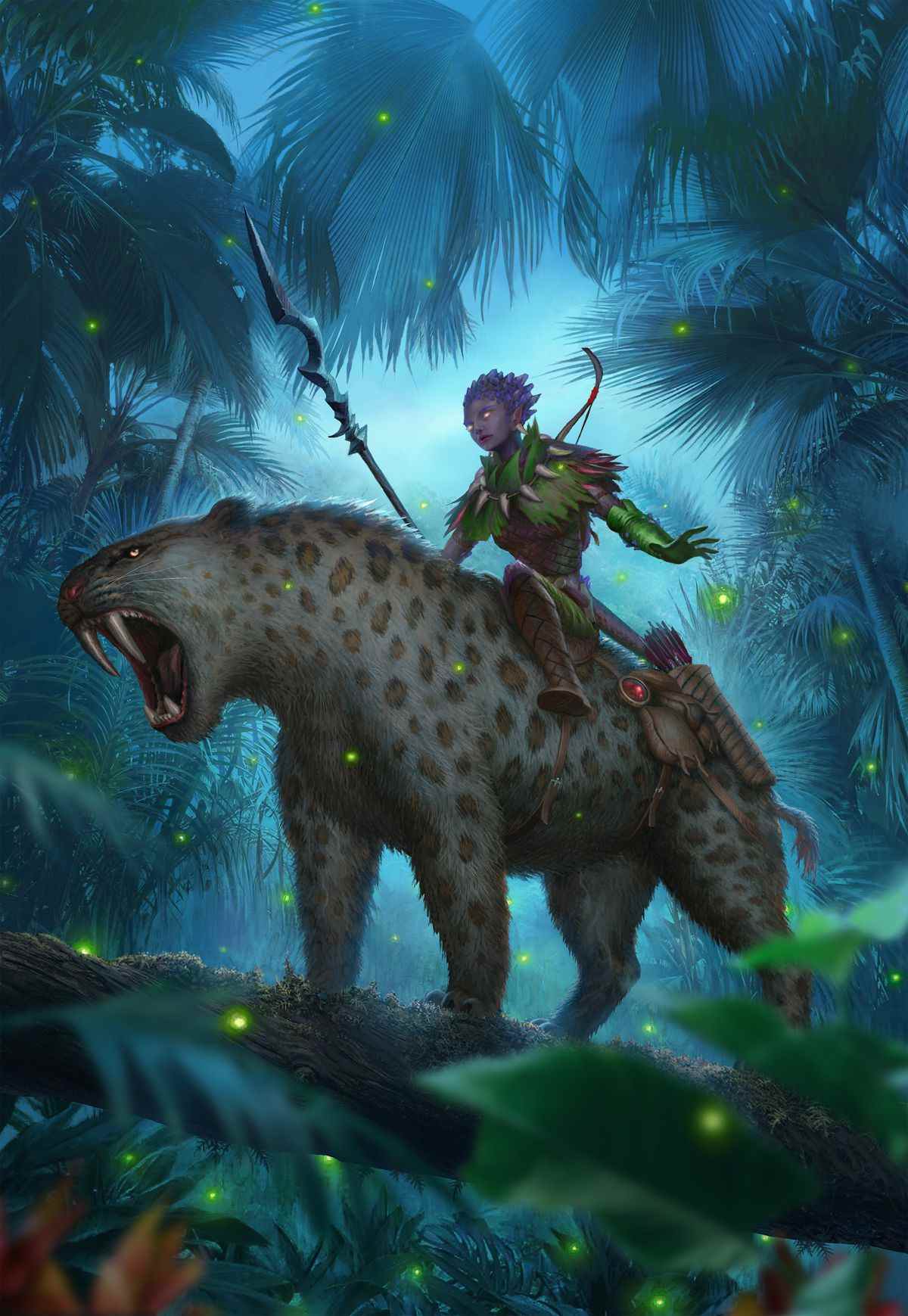 Un cavalier avec un bâton et un arc au sommet d'une grande créature ressemblant à un léopard avec d'énormes crocs.