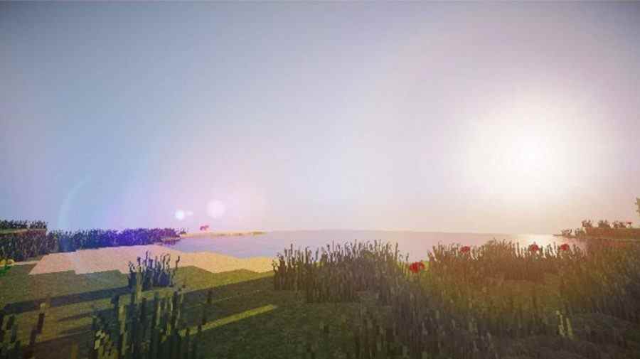 Meilleurs shaders Minecraft : Le shader sans décalage montre une belle scène côtière avec un soleil couchant, une plage et quelques fleurs.