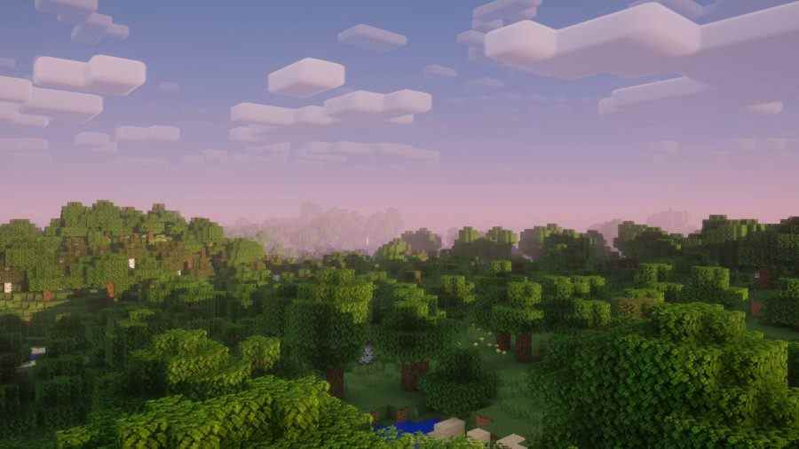 Meilleurs shaders Minecraft : une vue de la ligne d'horizon et des arbres dans le shader Nostalgie au coucher du soleil.