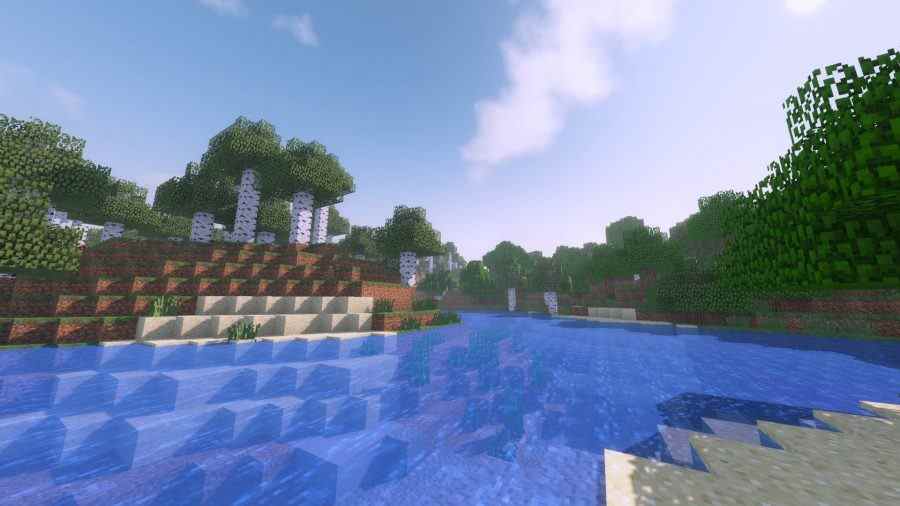 Meilleurs shaders Minecraft : Le shader Kuda donne au ciel un aspect plus doux et à la rivière une teinte bleu foncé.