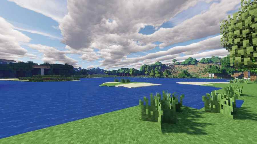 Meilleurs shaders Minecraft - Shader Ebin montrant un lac bleu profond.