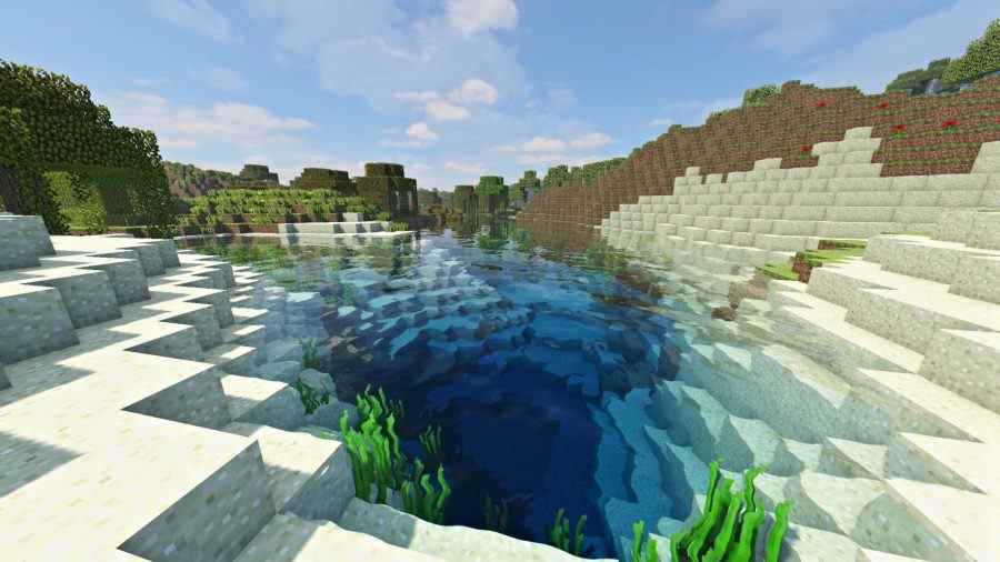 Meilleurs shaders Minecraft - le Luma montrant une eau si claire que vous pouvez voir le fond du lac.