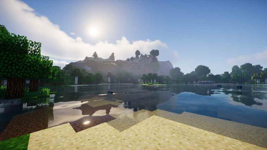 Meilleurs shaders Minecraft : le shader Chocopic montrant un bord de lac où l'eau est limpide.