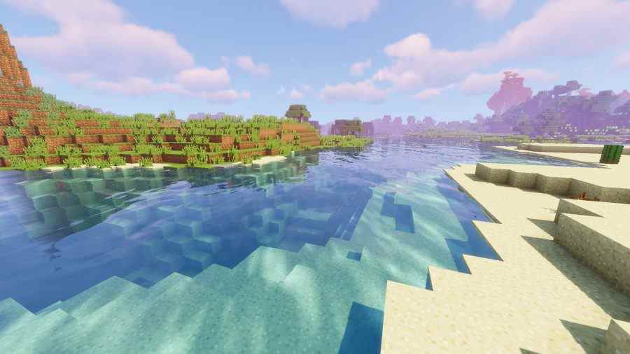 Meilleurs shaders Minecraft : Le shader Sildurs montre une rivière brillante avec de l'eau réaliste.