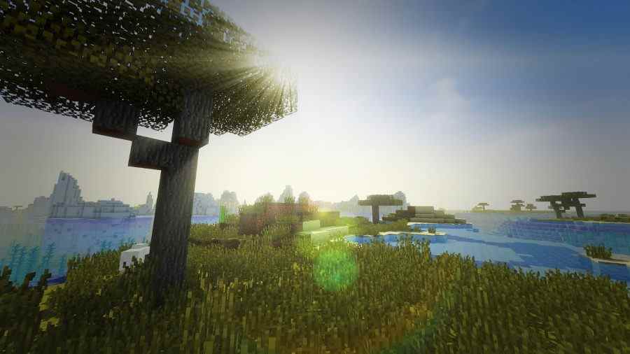 Meilleurs shaders Minecraft - Le shader Werrus montrant un champ avec des lacs et l'éblouissement du soleil.