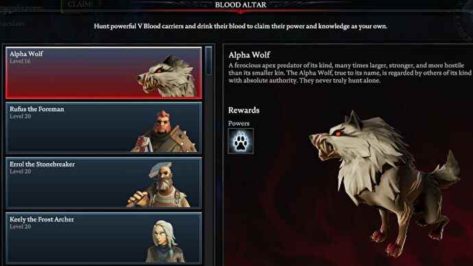 Page de suivi de V Rising Alpha Wolf Blood Altar, montrant une image du loup alpha grondant à droite et une liste de boss à gauche