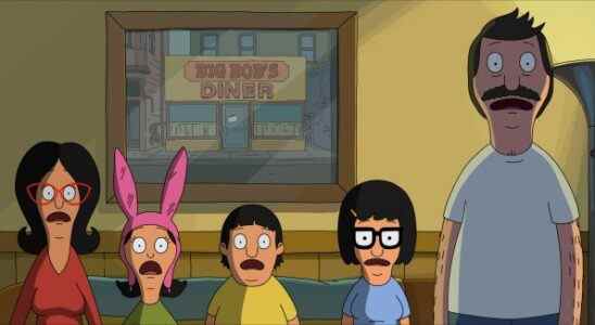 Linda Belcher (voiced by John Roberts), Louise Belcher (voiced by Kristen Schaal), Gene Belcher (voiced by Eugene Mirman), Tina Belcher (voiced by Dan Mintz), and Bob Belcher (voiced by H. Jon Benjamin) in 20th Century Studios' THE BOB'S BURGERS MOVIE. Photo courtesy of 20th Century Studios. © 2022 20th Century Studios. All Rights Reserved.