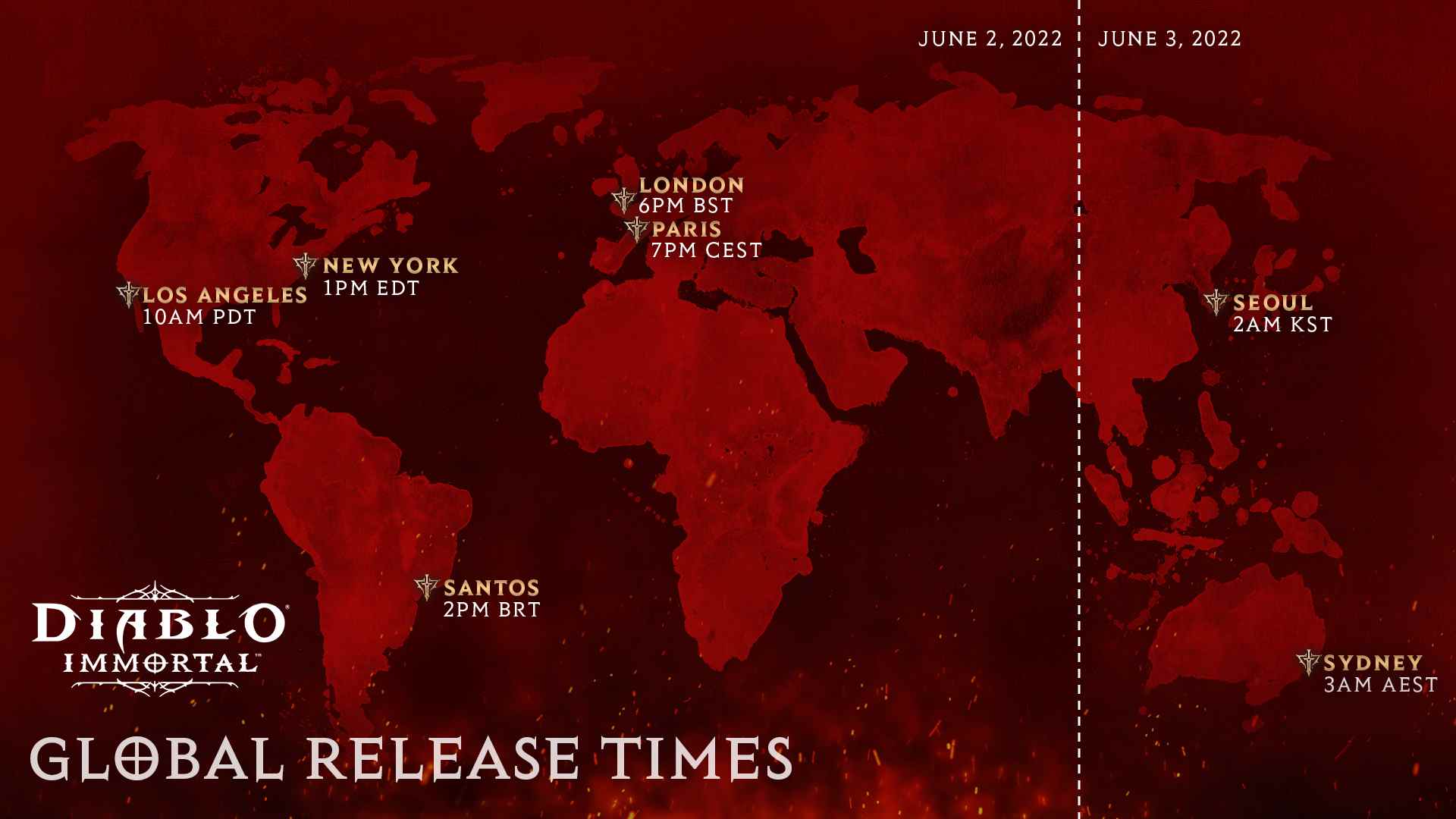Une carte infographique montrant l'heure de sortie de Diablo Immortal par fuseau horaire