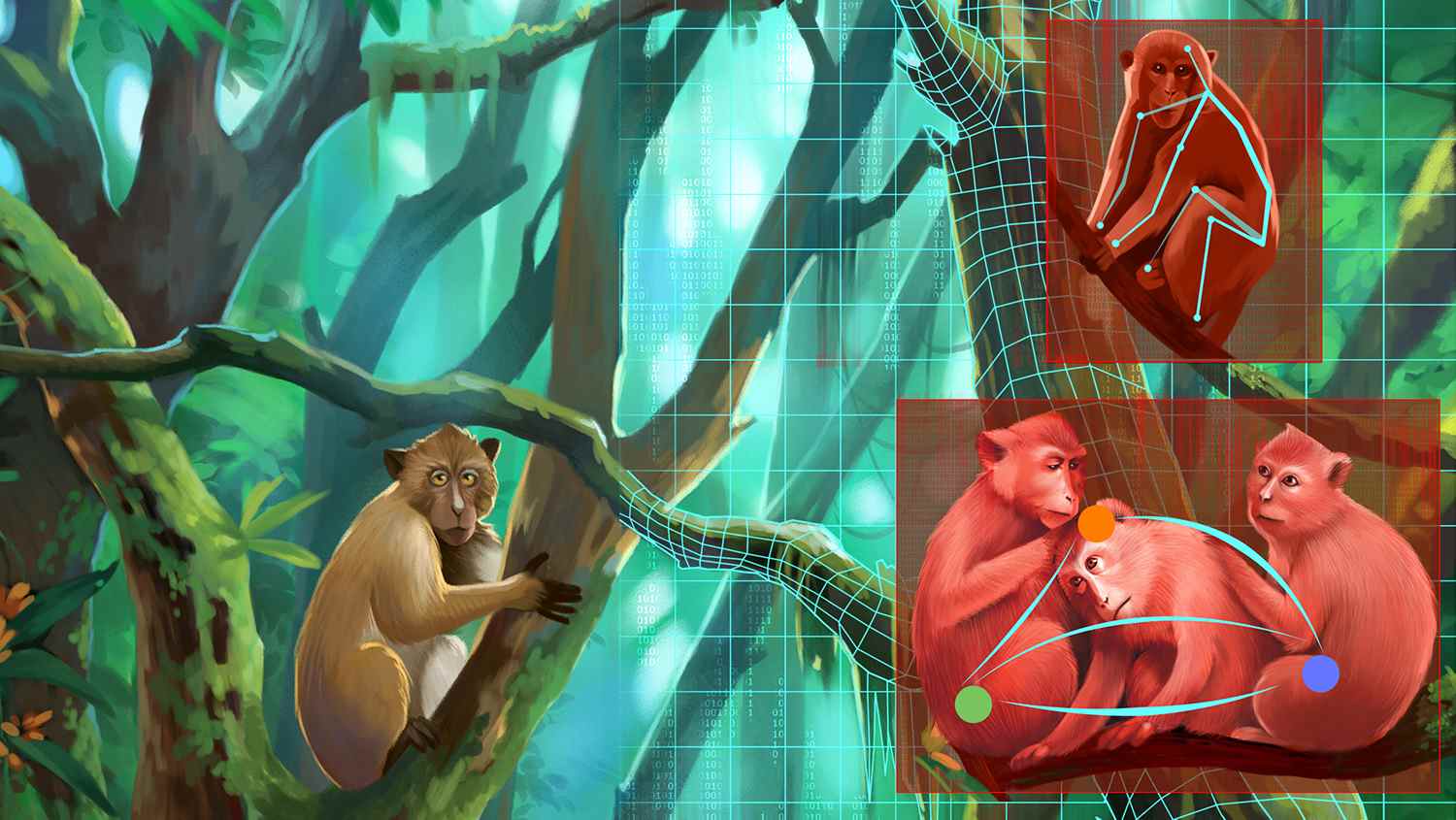 Illustration de singes dans un arbre en cours d'analyse par une IA.