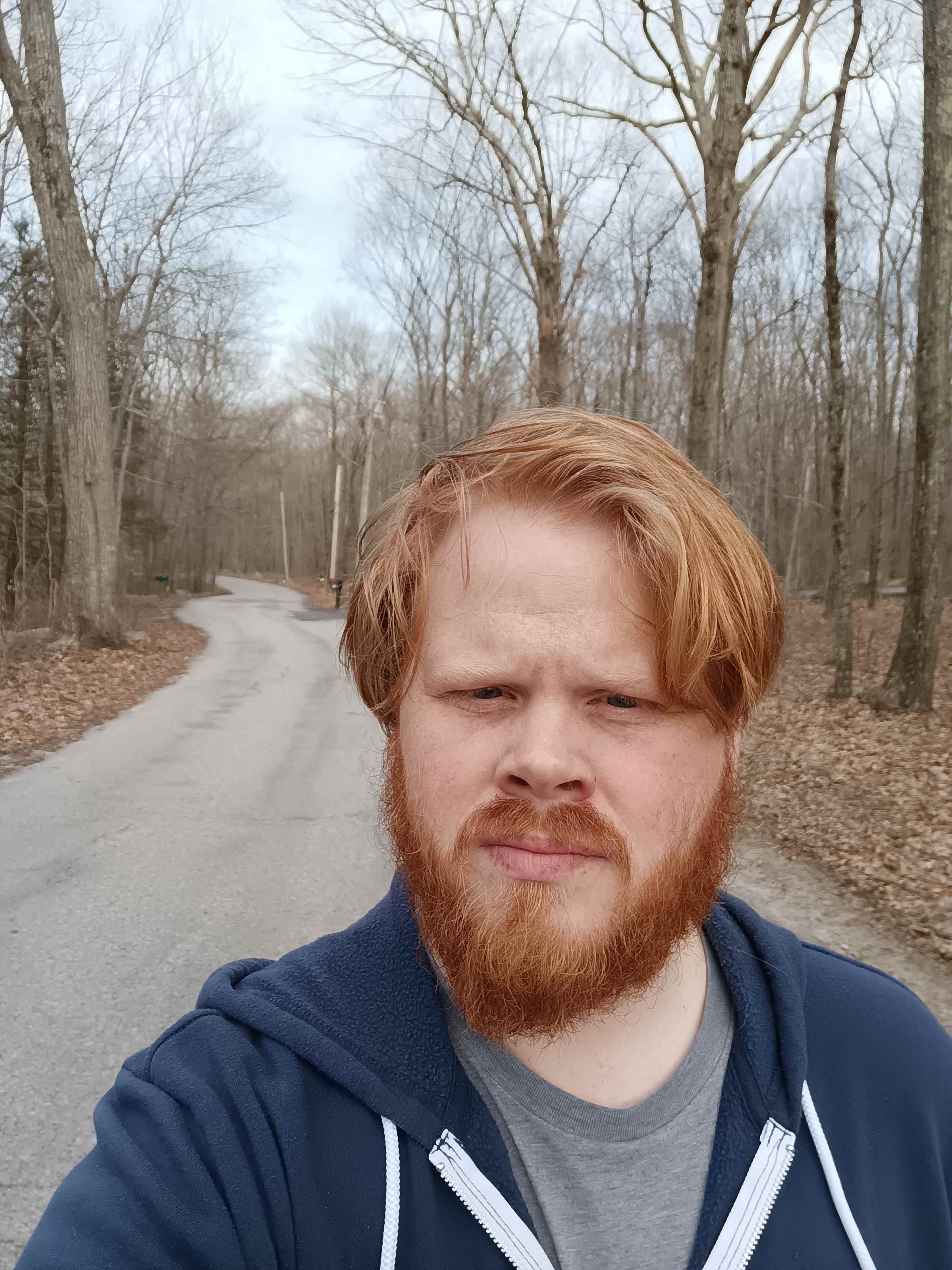Selfie d'un homme sur une route dans les bois