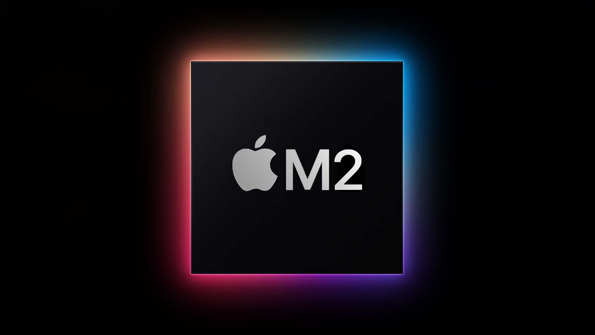 Un carré noir entouré d'une lumière arc-en-ciel et le logo Apple et M2 au centre