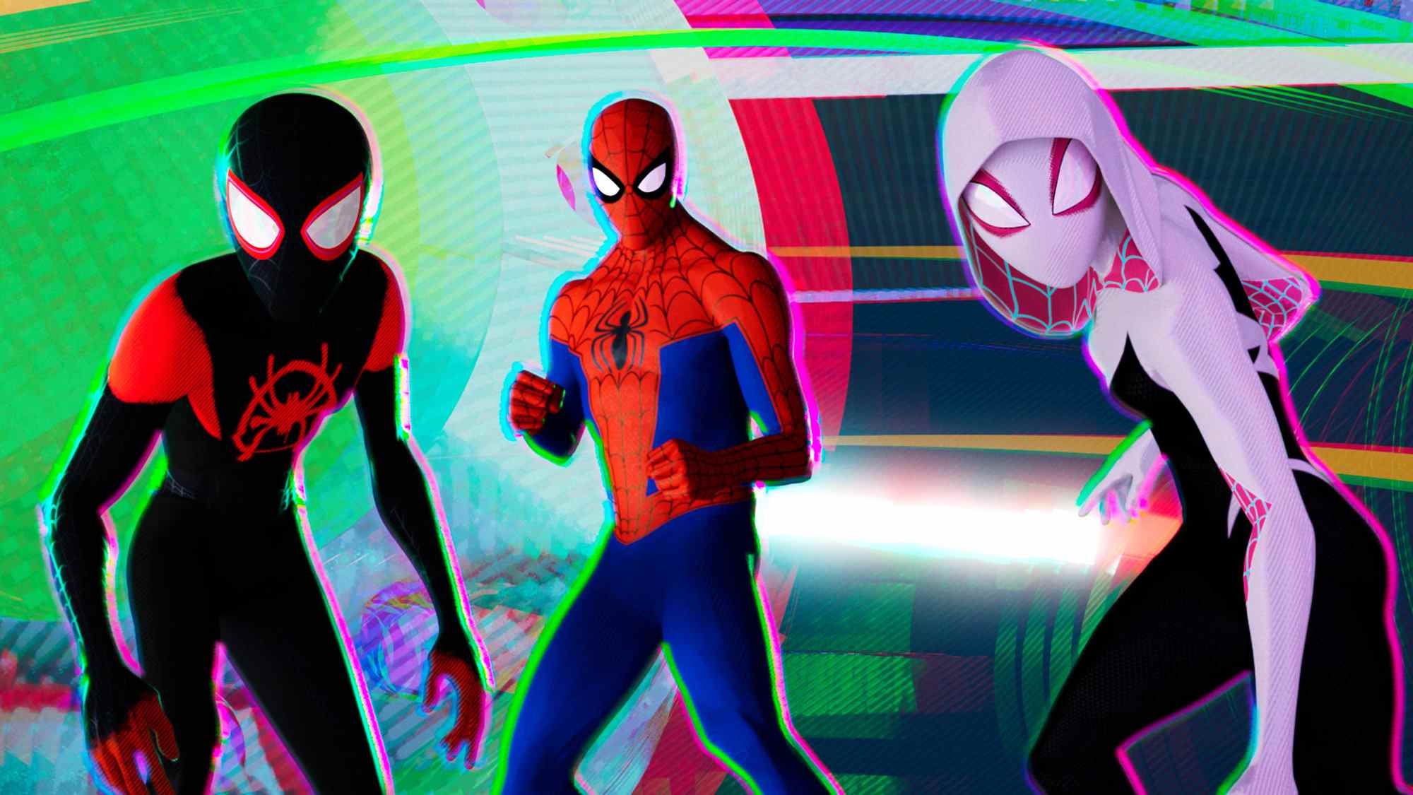 Miles Morales, Peter B. Parker et Spider-Gwen dans spider-man: into the spider-verse