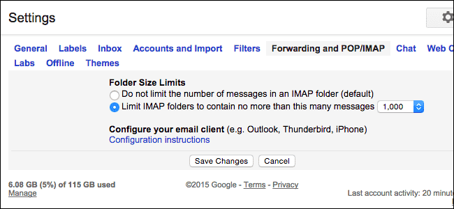 Sélectionnez une limite au nombre d'e-mails dans votre dossier IMAP.